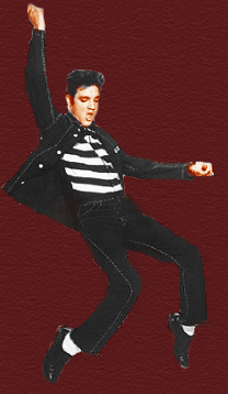 gif of young elvis in black and white, on a red background. his hips are swaying side to side independantly of his body